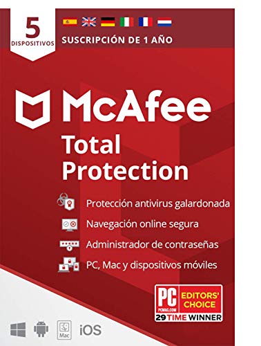 McAfee Total Protection 2021, 5 Dispositivos, 1 Año, Software Antivirus, Seguridad de Internet, Móvil, Manager de Contraseñas, Compatible con PC/Mac/Android/iOS, Edición Europea, Código por Correo