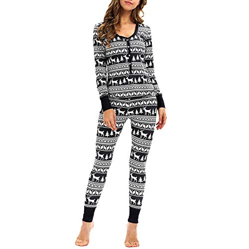 MEIbax Casual Moda Pijamas de O Cuello de Moda Elk y Arbol de Navidad Estampado Manga Larga de Navidad de Alces de Copo de Nieve 2PC para Mujer Conjunto Top Blusa y Pantalones (L, Negro A)