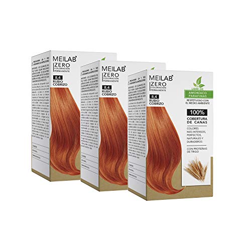 MEILAB - Tinte permanente sin amoniaco - Pack de 3 unidades - Color Rubio claro cobrizo #8-4 MEILAB - Tinte permanente sin amoniaco - Pack de 3 unidades - Color Rubio claro cobrizo #8-4
