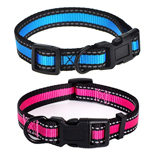 Mile High Life Collar para perro | Raya reflectante 3M con banda de nailon (2 unidades, azul/rosa, cuello grande de 15 a 19 pulgadas – 50 libras)