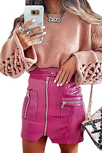 Minifaldas con Cremallera Y Cintura Alta De Imitación De Cuero para Mujer Rosa L