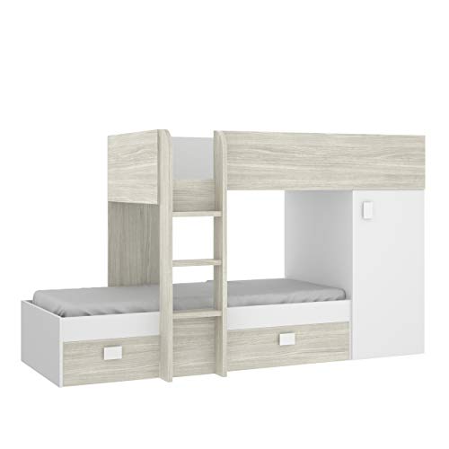Mobelcenter - Cama Litera Tren Juvenil - Cama Tren Convertible Reversible Acabado Blanco y Natural - Armario y 2 Cajones - Ancho: 195-251 cm x Alto: 150 cm x Fondo: 199-109 cm - (1201) Mobelcenter - Cama Litera Tren Juvenil - Cama Tren Convertible Reversible Acabado Blanco y Natural - Armario y 2 Cajones - Ancho: 195-251 cm x Alto: 150 cm x Fondo: 199-109 cm - (1201)