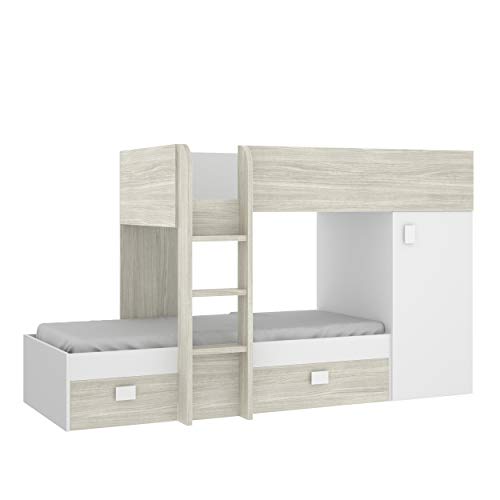 Mobelcenter - Cama Litera Tren Juvenil - Cama Tren Convertible Reversible Acabado Blanco y Natural - Armario y 2 Cajones - Ancho: 195-251 cm x Alto: 150 cm x Fondo: 199-109 cm - (1201)