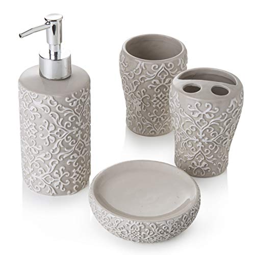 Montemaggi - Juego de 4 piezas de cerámica de baño clàsica de color Gris Paloma. Incluye dispensador, vaso y jabonera