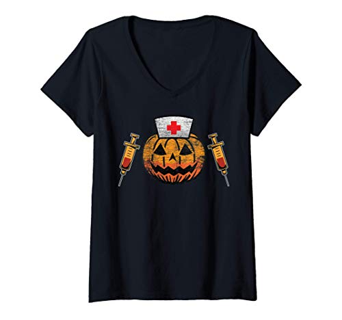 Mujer Night Shift Nurse Halloween Party Scary Pumpkin Hospital Fun Camiseta Cuello V