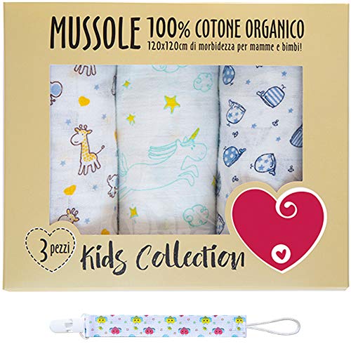 Muselina de algodón suave y orgánico para bebés y bebés. Ideal como toallas, mantas, sábanas, para cunas de cochecito. 100% hipoalergénica. 120 x 120 cm. Paquete de regalo y portacupetes incluidos. Muselina de algodón suave y orgánico para bebés y bebés. Ideal como toallas, mantas, sábanas, para cunas de cochecito. 100% hipoalergénica. 120 x 120 cm. Paquete de regalo y portacupetes incluidos.