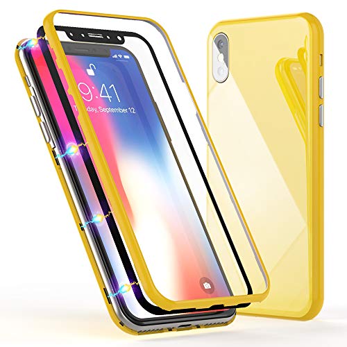 NALIA 360° Funda de Vidrio Compatible con iPhone XS MAX, Magnética Carcasa Integral Completa con Cristal Templado, Ultra-Fina Cubierta Móvil Protectora Cover Bumper Rigida Estuche, Color:Amarillo