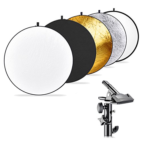 Neewer Fotografía Reflector de Luz Multi-Disco 5 en 1(110 centímetros) con Soporte de Sujeción Metal Trabajo Pesado para Estudio Fotográfico, Reflector Plegable Multicolor
