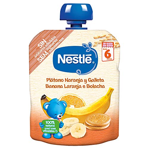 Nestlé Bolsita Puré Plátano Naranja Galleta, A Partir De Los 6 Meses, 90 G - Pack de 16 bolsitas 90g