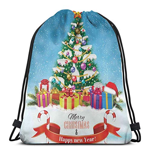 New Year Tree Surrounded By Surprise Boxes Noel Yuletide Concept Artwork Print,Gym Drawstring Bags Backpack String Bag Sport Sackpack Gifts For Men & Women