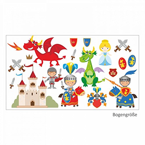 nikima 008 - Adhesivo decorativo para pared, diseño de caballeros con dragón, castillo de princesa, espada, escudo, en 6 tamaños