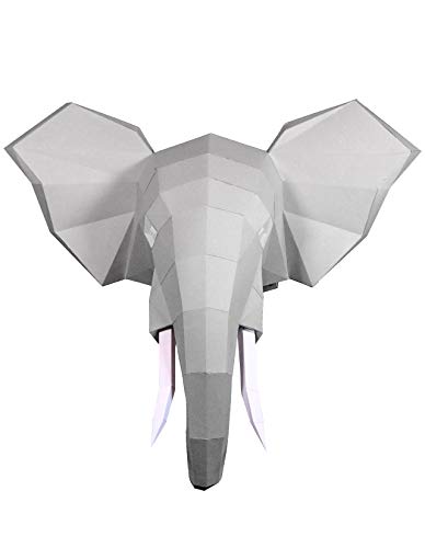 Oh Glam Home Kit DIY Cabeza de Elefante Papercraft Kit Trofeo de Pared cartón 3D Escultura Origami 3D Puzzle 3D PRECORTADO (Plata Metalizado)