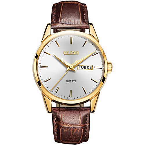 OLEVS Reloj para hombres con fecha día, relojes de cuero marrón, resistente al agua, oro rosa, reloj de pulsera de lujo, estilo casual, cronógrafo, moderno, analógico, de cuarzo, relojes de hombre