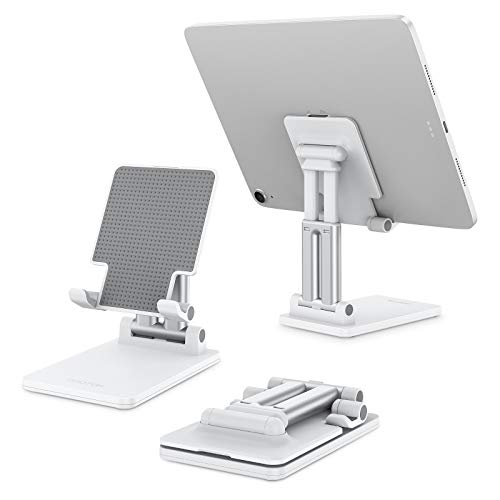 OMOTON Soporte Tablet Multiángulo Mesa Plegable, Ajustable Soporte de Aluminio con Varilla Doble Compatible con 2020 iPad Pro 10.5, 9.7, 12.9, Mini, Tablets para Todos Dispositivos de 4-12.9", Blanco