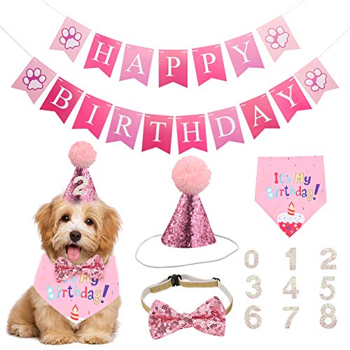 Opopark - Bandana para perros, buen cumpleaños, bandana, gorro, pajarita, banner y 0 – 8 números para perros de Pet, bonita decoración regalo de cumpleaños, color rosa