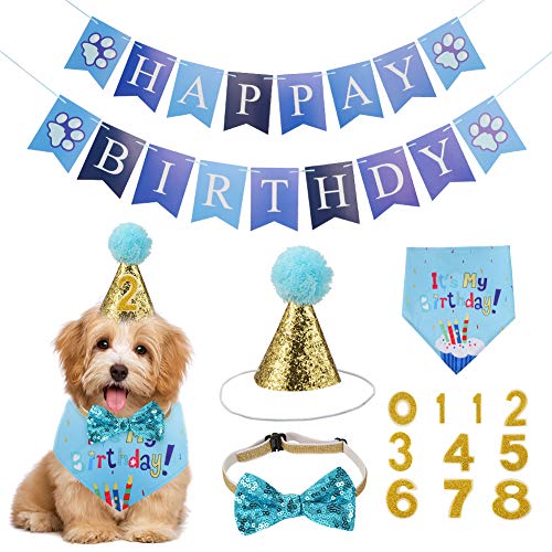 Opopark - Bandana para perros, buen cumpleaños, bandana, gorro, pajarita, banner y 0 – 8 números para perros de Pet, bonita decoración regalo de cumpleaños, color azul