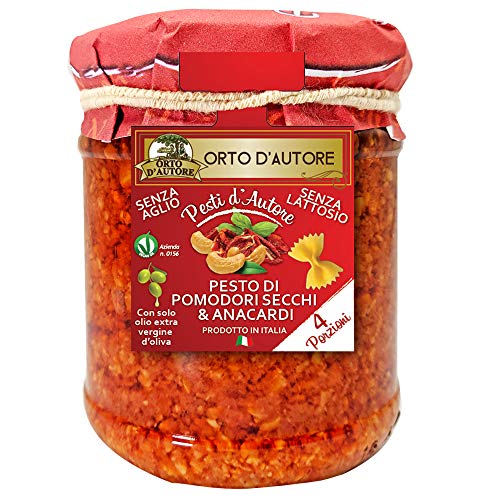 ORTO D'AUTORE Pesto Rojo Natural De Tomates Secos Y Anacardos 3 X 180 Gr, Pesto en Frasco De Vidrio, Pesto De Tomates Secos Y Pesto De Anacardos 100% Made in Italy, Pesto Sin Ajo Y Sin Lactosa