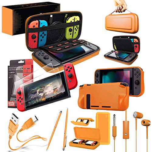 Orzly Accesorios para Nintendo Switch (Incluye: Protectores de Pantalla, Cable USB, Funda para Consola, Estuche Tarjetas de Juego, Comfort Grip para los mandos JoyCon, Auriculares) Naranja