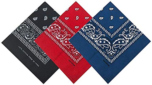 Pack 3 Pañuelos Bandanas Paisley de Algodón 55x55cm para Cuello o Cabeza Múltiuso Unisex (negro+rojo+azul oscuro, Talla única)