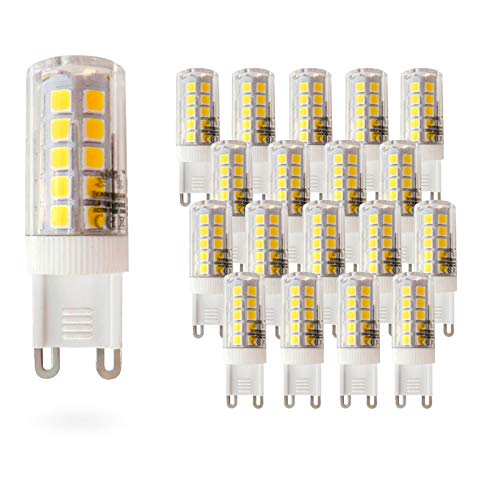 Pack de 20 Bombillas LED Bajo Consumo MOSCU G9 · Lámpara LED (Tubular Cerámica) 5W con 475 Lúmenes · 3000K Blanco Cálido · Medidas: 16mm Ø x 51mm [Clase energética: A+]