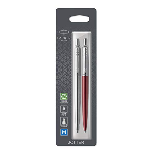 Parker Jotter London paquete Duo Discovery: bolígrafo de acero inoxidable y bolígrafo de gel de color rojo Kensington