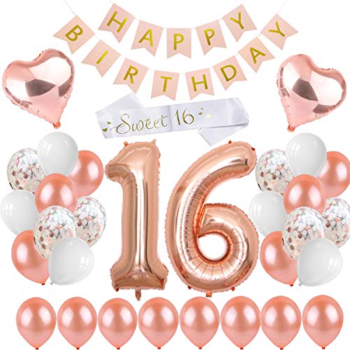 Peipong - Decoración de cumpleaños 16 para niñas, carteles con texto "Happy Birthday", color oro rosa, globos para niñas, para fiesta de cumpleaños