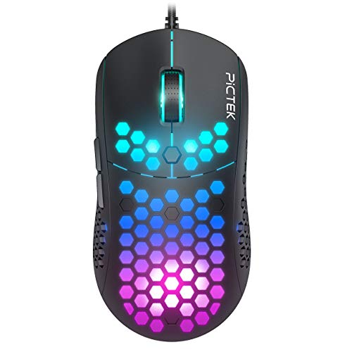 PICTEK Ratón Gaming Programable, Ratón RGB de Diseño de Panal, 6 Botones, 10000 dpi,Ratón para Juegos con Cable