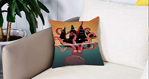 Pillow Case Cojín Cuadrado Print,Kraken Decor, Coral Sea Monster Hundiendo el barco Mitos retro Ocean Folk Stories Inspirado ObAdecuado para Oficina, Familia, automóvil, cafetería, Tienda, 45x45cm
