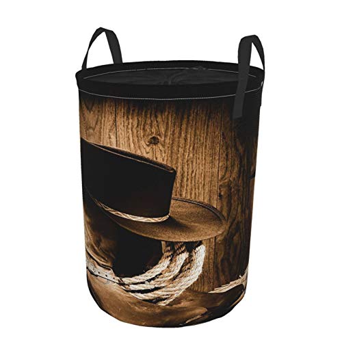 Plegable Grande Cesto de Ropa Sucia,American West Rodeo Cowboy Sombrero de fieltro negro sobre botas occidentales Granero de madera antiguo Nostálgico Vintage,Lavandería Cesta de Almacenaje,14" x 19"