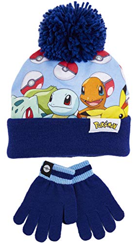 Pokèmon Conjunto de Gorro Con Pompon y Guantes Para Niño, Set de 2 Piezas Diseño Pokeballs y Personajes Pikachu Charmander Squirtle Bulbasaur, Merchandising Regalos Niños Niñas (Azul)