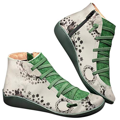 POLP Botas,Mujer Botines de Cuero Otoño Invierno Vintage Botines Mujer con Cordones Zapatos de Mujer Botas Cómodas de tacón Plano Cremallera Bota Corta Casual (41, Navidad Verde)