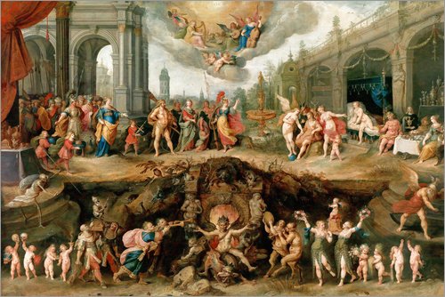 Posterlounge Cuadro de Madera 90 x 60 cm: Mankind's Eternal Dilemma - The Choice Between Virtue and Vice de Frans Francken II