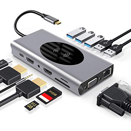 PTN 14 en 1 Hub USB C, Adaptador de Dongle Tipo C con Cargador Inalámbrico, Adaptador USB C con Salida HDMI 4K * 2, Ethernet RJ45, Cargador PD 87 W, VGA 5 Puertos USB 3.0 Lector de Tarjetas SD/TF