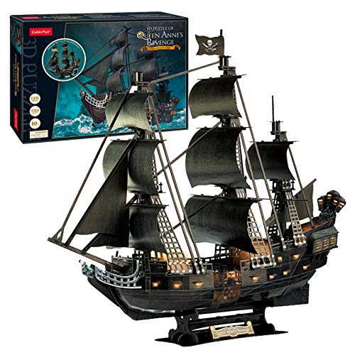 Puzzle 3D Boat Pirate Mejora versión 2021, Barco Negro Pearl Caribbean Pirate 68cm, Barco de Perla Negra Realista con Kit LED Modelo, Adulto 1:95