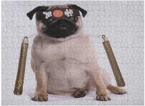 Puzzles de 1000 Piezas, Cachorro Ninja con Perro de Karate Nunchuk, Disfraz Inspirado en Guerrero Oriental, Imagen de Barro Amasado, Color Crema Negro Dorado
