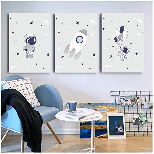 QIAOO Póster e Impresiones Infantiles, Arte de Pared de Astronauta de Globo Azul, Pintura de Lienzo de guardería Espacial de Cohete, Cuadro de decoración de habitación de niño bebé niños sin Marco