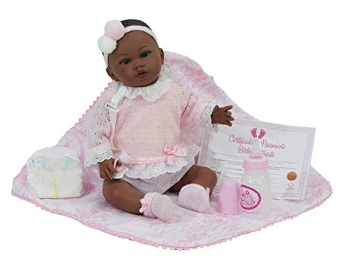 R/6435 Nines Reborn. Muñeca Reborn con Pelo y rasgos africanos. De 48 cm y 1,9 kg. con Detalles en Boca, Nariz y uñas, simulando un bebé Real. Accesorios incluidos. 100% Fabricado en España R/6435 Nines Reborn. Muñeca Reborn con Pelo y rasgos africanos. De 48 cm y 1,9 kg. con Detalles en Boca, Nariz y uñas, simulando un bebé Real. Accesorios incluidos. 100% Fabricado en España