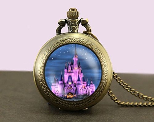 Reloj de bolsillo de moda, reloj de bolsillo de castillo famoso, collar de reloj de bolsillo, joyería de bronce