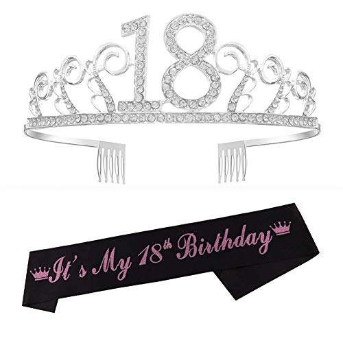 Reyok - Tiara de cristal para el 18º cumpleaños, corona de cumpleaños, corona de princesa, accesorios para el pelo, color plateado para fiestas de cumpleaños o tartas de cumpleaños