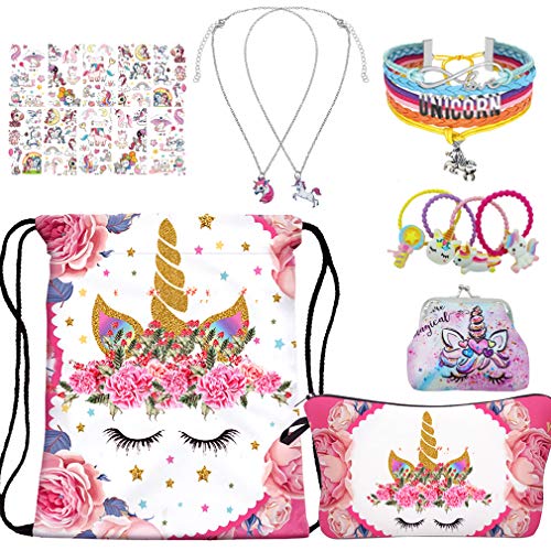 RLGPBON Pack 5 Unicornios Mochila con cordón/Maquillaje Bolsa/Collar de Cadena de aleación/Pulsera/5 Piezas de Lazos para el Cabello Unicornio/Unicornio Drawstring Gift para niñas