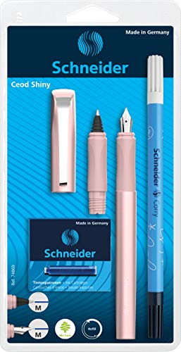 Schneider Ceod Shiny - Set de escritura con pluma, bolígrafo de tinta, borrador de tinta (para diestros y zurdos, punta M, incluye cartuchos de tinta azul real), color rosa