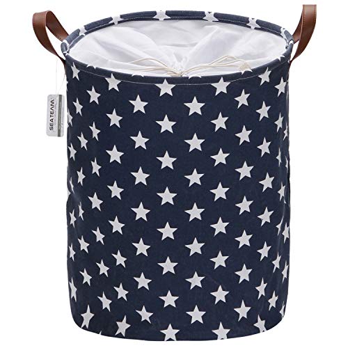 Sea Team - Cesto de lavandería con diseño Estrellas, cesto lavandería de Tela de Lona, contenedor Almacenamiento Plegable con Asas Cuero sintético y Cierre cordón, 45 x 35 cm, Interior Impermeable
