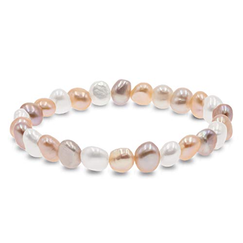Secret & You Pulsera de Mujer de Perlas Cultivadas de Agua Dulce Blancas y de Colores de 8-9 mm Barrocas 22 Perlas en Total - Pulsera elástica de 18 cm.