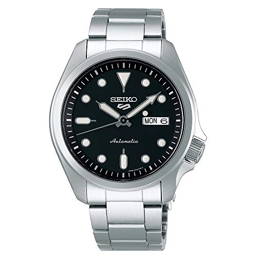 Seiko 5 deportes esfera negra plata pulsera de acero inoxidable reloj SRPE55K1