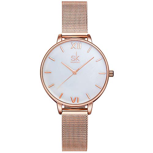 SHENGKE- Reloj de Pulsera para Mujer, Correa de Malla, Elegante, para Mujer, Estilo Simplicidad (K0056-natural Shell dial)