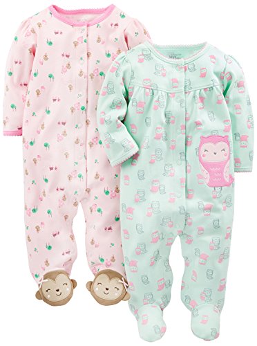 Simple Joys by Carter's Baby Girls paquete de 2 pies de algodón para dormir y jugar ,Owl/Monkey ,Recién nacido