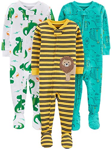 Simple Joys by Carter's pijama de algodón para bebés y niños pequeños, 3 unidades ,Dino/Animals Green/Lion ,24 Meses