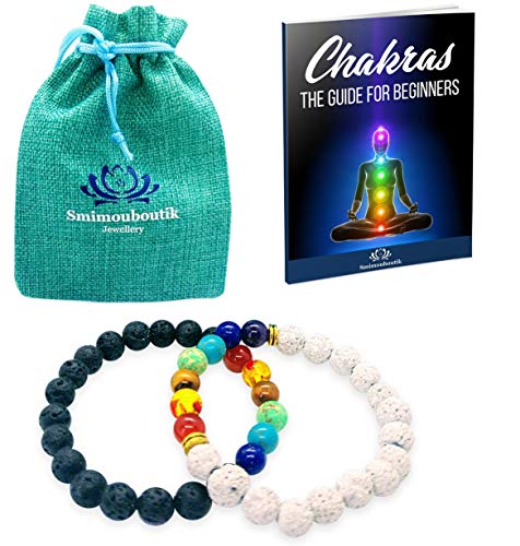 Smimouboutik Pulsera Chakra [2 PCS] Gratis: Bolso de joyería y Libro Chakras - Ajustable con Cuentas de Lava Blancas & Negras y ónix de 8 mm - Ideal para meditación, Yoga, aromaterapia y Reiki