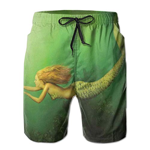 Swimming Shorts Funny Printed,Mermaid with Fish Tail Swimming In The Deep Sea Fantasy World Artwork,Quick Dry Beach Board Trunks with Mesh Lining,XL