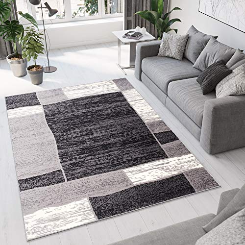 Tapiso Alfombra para Salón Moderno Piso Cuarto De Estar Colección Dream – Color Gris Crema Negro Diseño Bordura Cuadro Decorativo – Precio Económico 140 x 200 cm